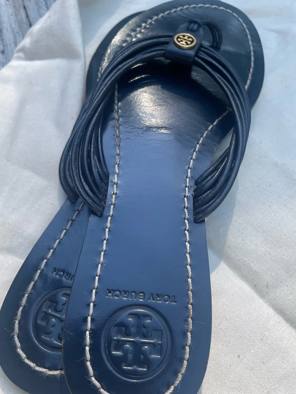 Tory Burch Navy Leather Multi-Strap Thong Sandals
